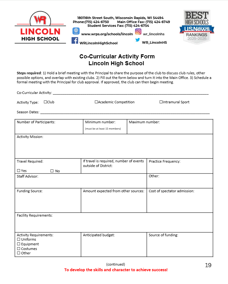 Co-Curricular Activity Form Lincoln High School