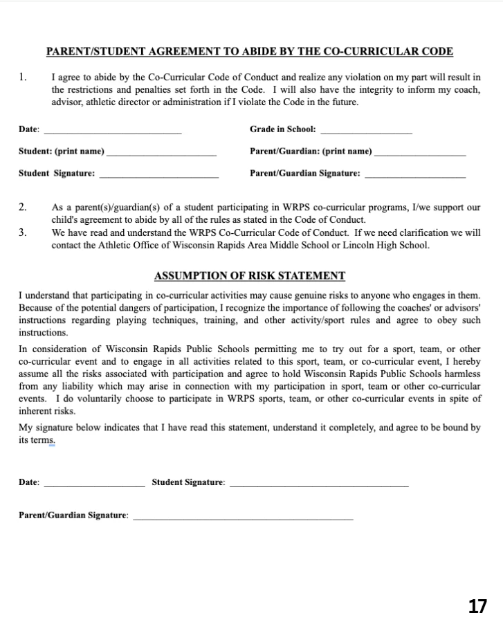 Parent/Student Agreement to Abide by the Co-Curricular Code